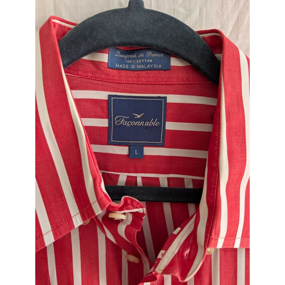 Façonnable Men's L Red/White Striped Cotton Button-Up Shirt Long Sleeve